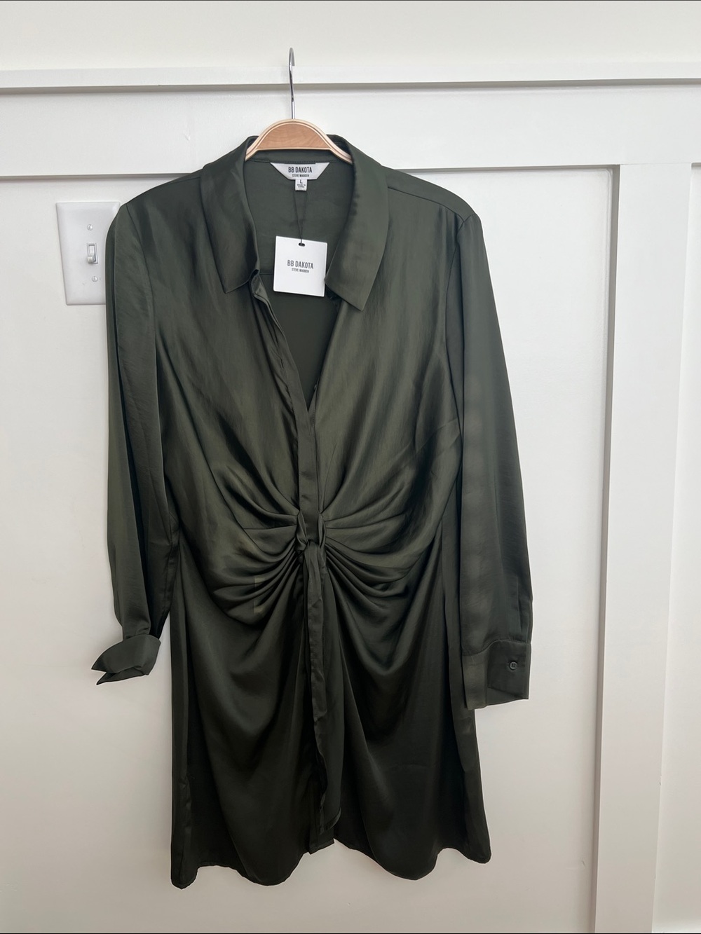 BB Dakota Olive Twist-Front Long Sleeve Shirt Dress